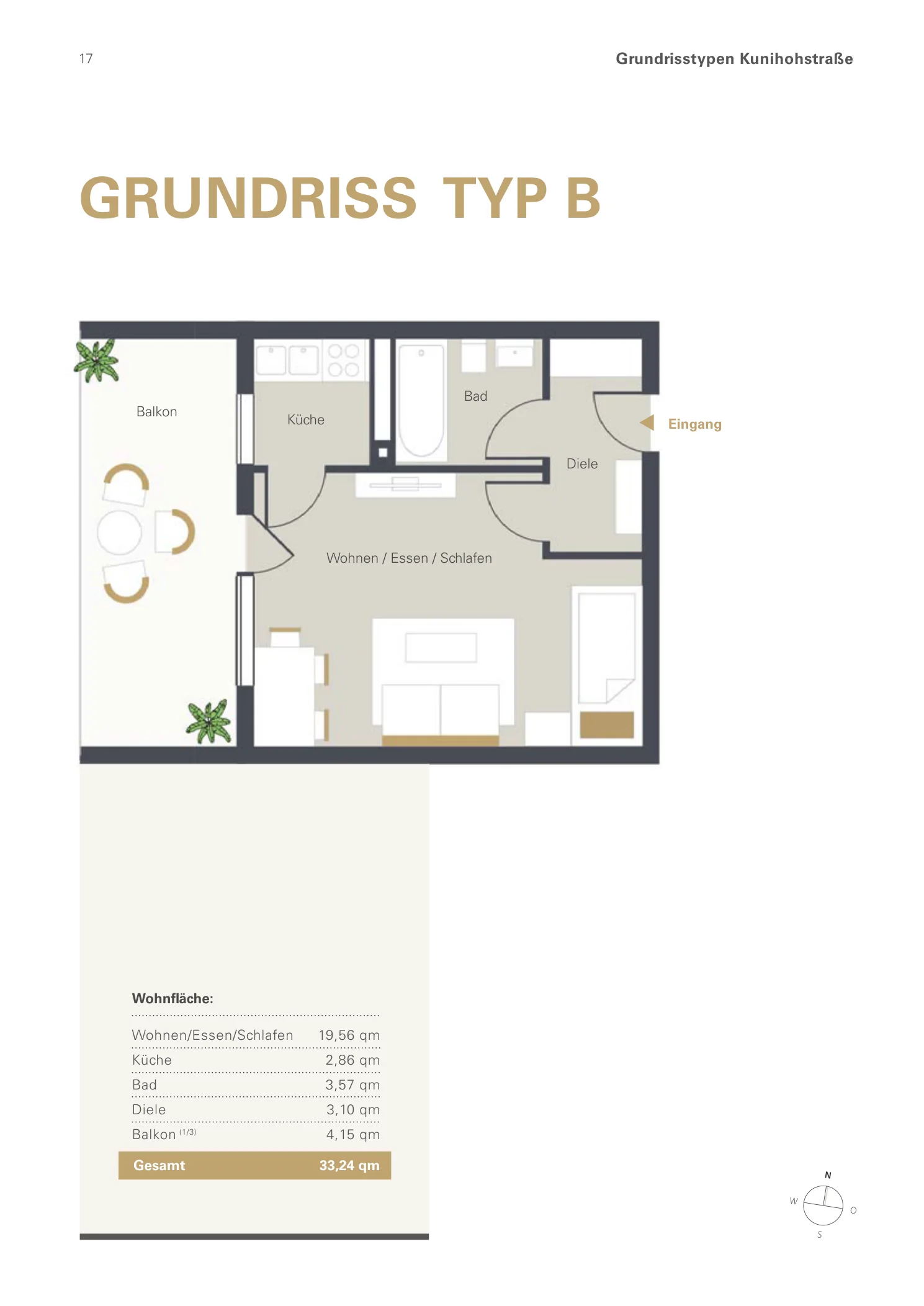 Grundriss der 1 - Zimmer - Wohnung Typ B mit 33,24 Quadratmetern