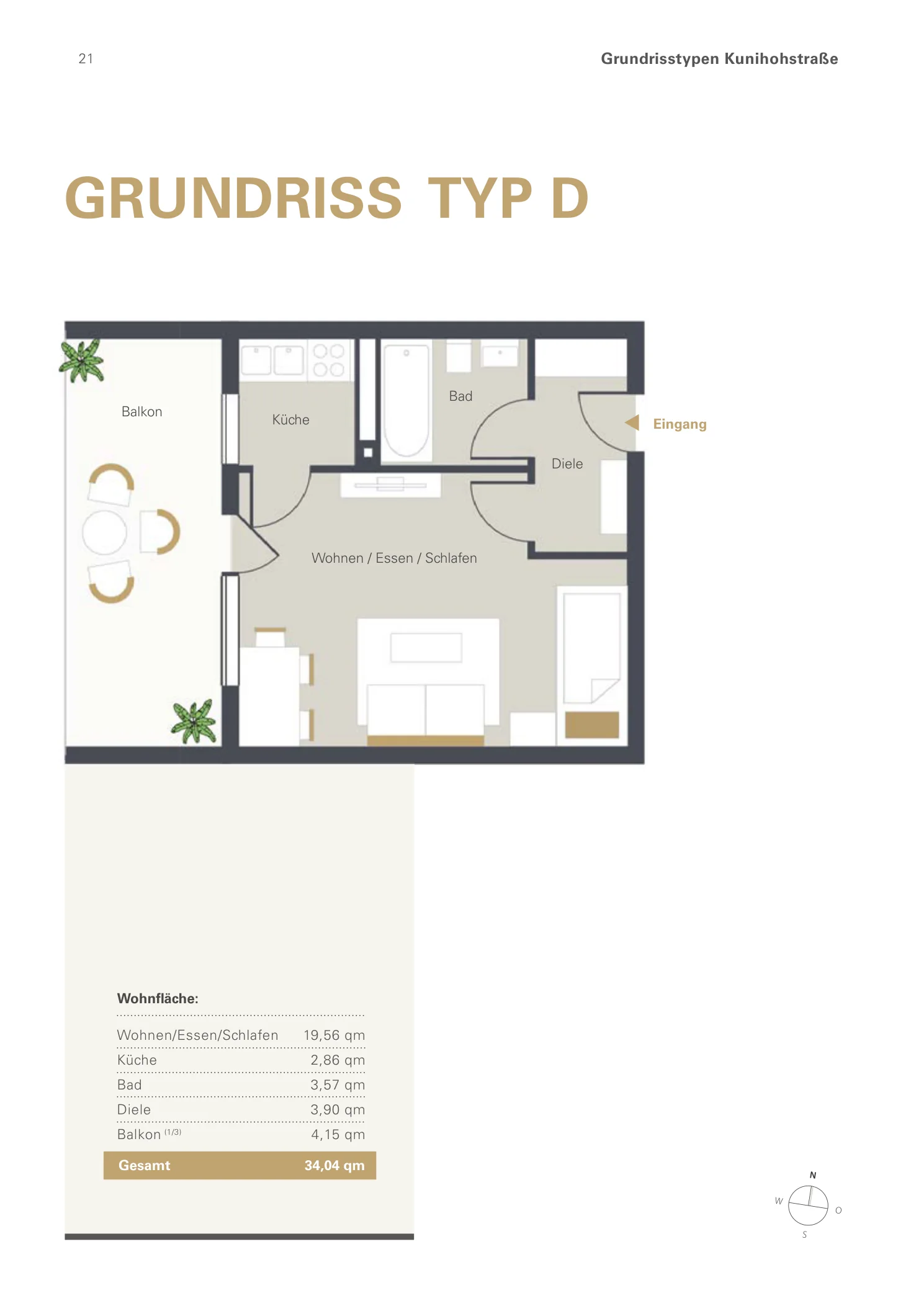 Grundriss der 1 - Zimmer - Wohnung Typ D mit 34,04 Quadratmetern